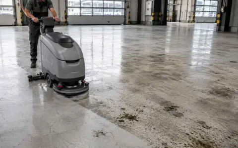 Profesjonalne czyszczenie posadzki betonowej za pomocą maszyny szorującej. Widać wyraźną różnicę między umytą a brudną powierzchnią.
