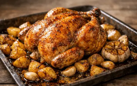 Pollo troceado al horno jugoso, dorado y crujiente, acompañado de patatas asadas y ajos enteros.