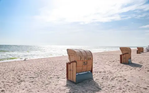 Strandkörbe am Dahme Strand unter blauem Himmel. Das Meer glitzert in der Sonne.