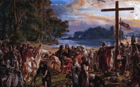 Scena chrztu Polski. Ludzie gromadzą się nad wodą, gdzie duchowny chrzci wiernych. W tle krzyż i zamek.
