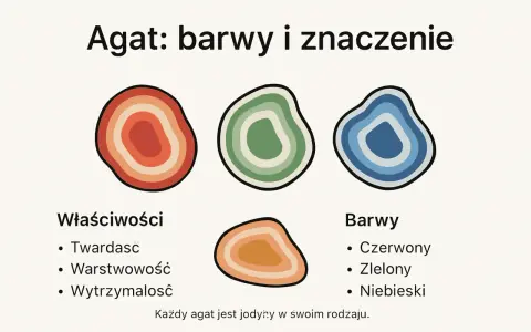 Ilustracja przedstawia trzy kolorowe odmiany agatu: czerwony, zielony i niebieski, ukazując jego warstwową strukturę.