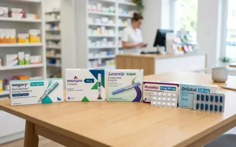 Leki na otyłość: Wegovy, Mounjaro, Saxenda, Mysimba, Orlistat na stole w aptece.