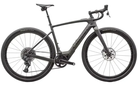 A sleek, dark grey gravel bike, showcasing one of the versatile types of bikes built for adventure.