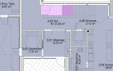 Plan piętra z zaznaczonym hollem, garderobą, spiżarnią i kuchnią. Widać też schody, co rodzi pytanie, czy schody wlicza się do powierzchni użytkowej.