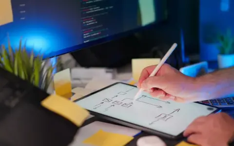 Programista szkicuje schemat blokowy na tablecie, planując implementację **typescript abstract class**. Na ekranie komputera widać kod.