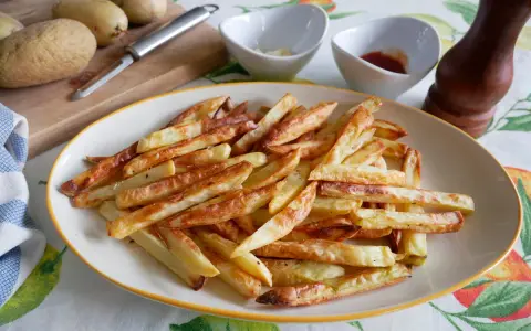 Patatas fritas doradas y crujientes, recién salidas de la freidora de aire. Perfectas para acompañar cualquier comida.