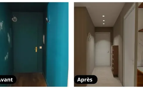 Avant/Après : un couloir étroit et sombre transformé en espace lumineux et moderne avec des étagères et un nouveau revêtement mural.