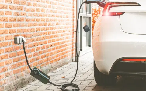 Cargando coche eléctrico a 16 amperios. El cable se conecta a la pared y al vehículo blanco.