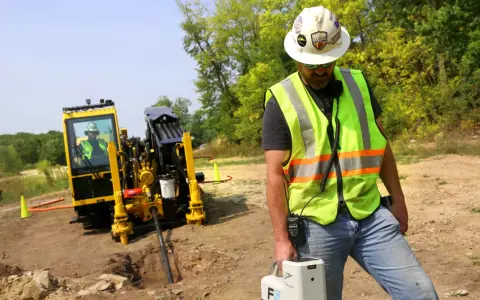 Trabajador supervisa una perforación horizontal dirigida con equipo especializado en un sitio de construcción.