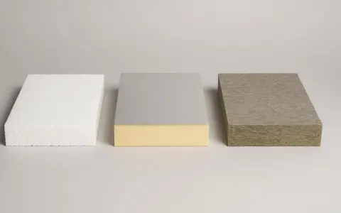 Trzy rodzaje materiałów budowlanych: biały styropian, płyta warstwowa z pianką i okładziną, oraz wełna mineralna. Każdy z nich to doskonała izolacja.