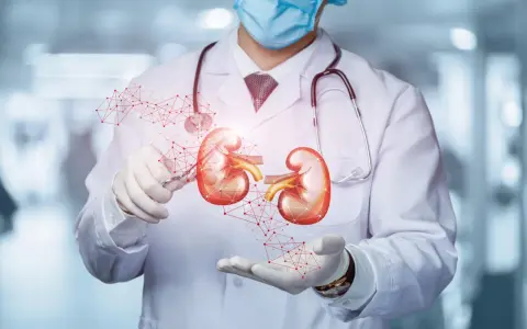Lekarz w masce i rękawiczkach prezentuje model nerek, sugerując diagnostykę problemów, takich jak krew w moczu co oznacza.