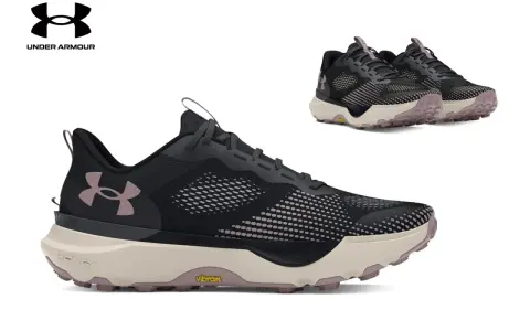 Czarne buty sportowe Under Armour z różowymi akcentami i podeszwą Vibram. Under Armour co to znaczy? To jakość i komfort dla aktywnych.