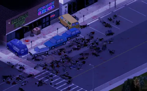 Scena z Project Zomboid: mnóstwo ciał na ulicy, samochody, budynki "Electron House" i "Sugafruit Circus". Wymagania gry są niskie, ale apokalipsa zombie wysoka.