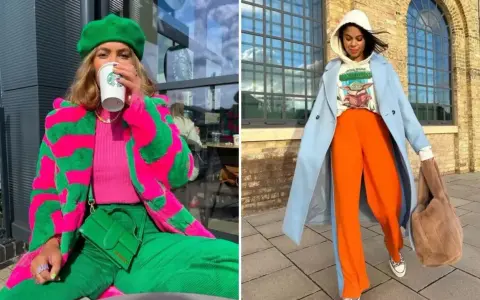 Zwei Frauen präsentieren mutige Outfits mit **color blocking**: eine in Pink und Grün, die andere in Hellblau und Orange.