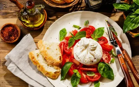 Pyszny **burrata przepis** na talerzu: kremowy ser, pomidory, bazylia i chrupiące pieczywo. Idealna propozycja na lekki posiłek.