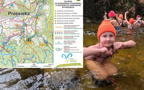 Mapa Przesieki z zaznaczonym wodospadem Podgórnej. Jak dojechać? Znajdź parkingi i szlaki piesze.