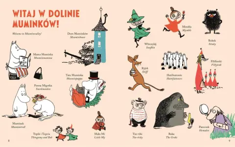 Ilustracja przedstawia postaci z Doliny Muminków, m.in. Muminka, Mamę Muminka, Tatę Muminka, Paszczaka i inne.
