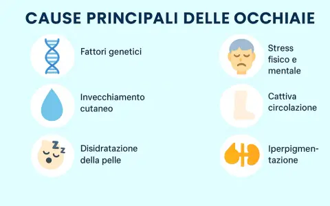 Le cause principali delle occhiaie includono fattori genetici, invecchiamento cutaneo, disidratazione, stress, cattiva circolazione e iperpigmentazione.