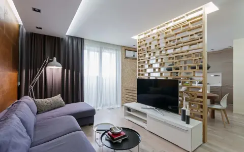 Acogedor salón de 18 metros cuadrados con sofá morado, lámpara de pie y separador de ambiente de madera.