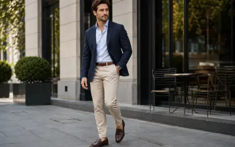 Mężczyzna w granatowej marynarce, błękitnej koszuli i beżowych spodniach prezentuje styl smart casual.