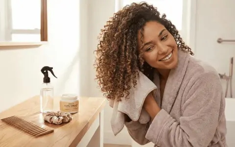 Une femme souriante utilise une serviette sur ses cheveux bouclés. Sur la table, un peigne, une crème pour boucles et un spray d'eau pour un tuto coiffure cheveux bouclés naturel.