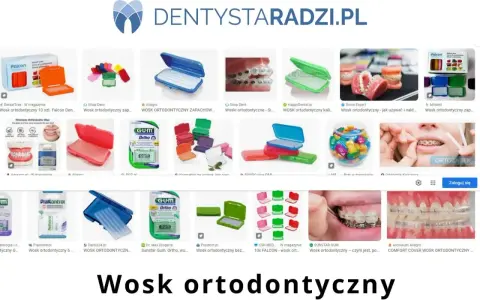 Wosk na aparat ortodontyczny w różnych opakowaniach, kolorach i markach, np. GUM, Falcon. Pomaga chronić jamę ustną przed otarciami.