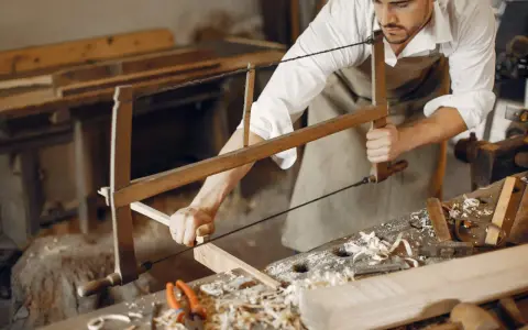 Artisan menuisier travaillant le bois avec une scie, dans un atelier d'ébénisterie d'art.