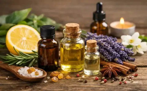 Aromatyczne olejki, w tym ten z nutą eugenolu, cytryna, lawenda i przyprawy na drewnianym tle.