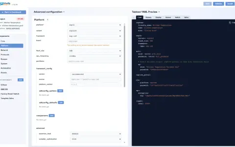 The esphome app interface shows configuration options for a "Kitchen Temperature" project, with the platform set to ESP32.