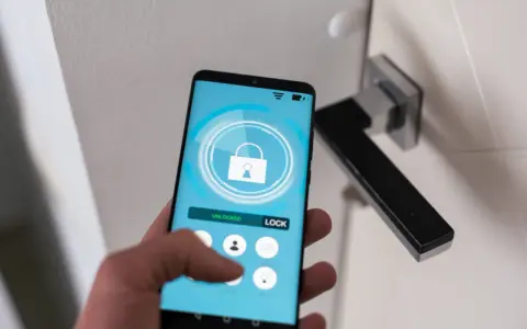 Smartfon z aplikacją do zarządzania domem. Widzimy ikonę otwartej kłódki i przycisk "LOCK". To jest właśnie check in co to.