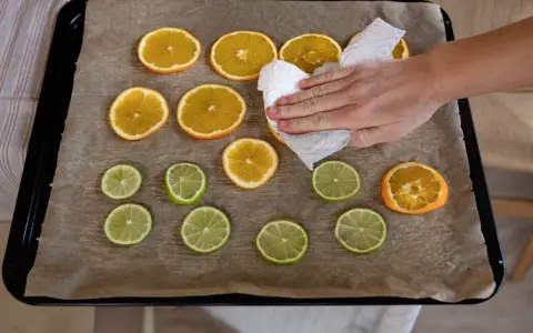 En hand torkar apelsinskivor på en plåt med bakplåtspapper. Citrusfrukter förbereds för att torka.