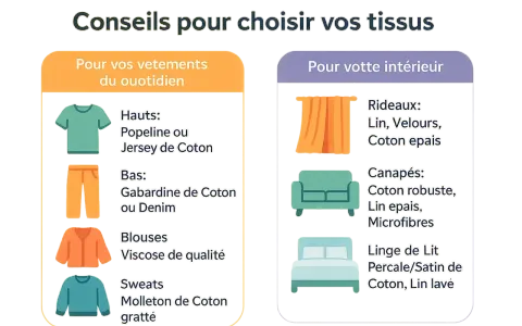 Conseils pour choisir vos tissus : vêtements du quotidien (coton, viscose) et décoration intérieure (lin, velours, coton épais).
