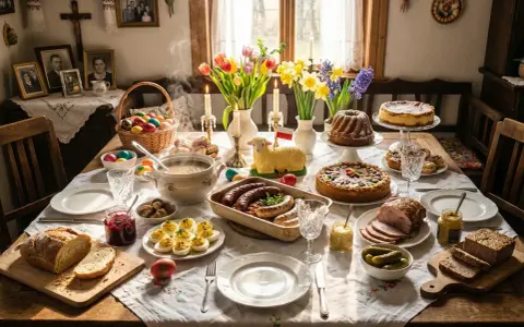 Stół zastawiony na Wielkanoc: babka, sernik, kiełbaski, pasztet, jajka faszerowane, chleb, ogórki, koszyk z pisankami. Ciekawy scenariusz wielkanocny.