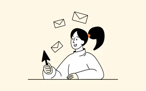 Uśmiechnięta dziewczyna z kucykiem trzyma kursor, a wokół niej latają koperty. Ilustracja pokazuje, jak napisać email.
