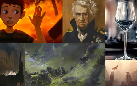 Collage d'œuvres de formation digital painting : un garçon effrayé, un portrait d'amiral, un verre, un paysage montagneux, et des ruines futuristes.