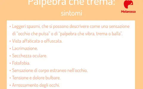 Palpebra che trema: sintomi, tra cui la sensazione di occhio che pulsa o di occhio che sfarfalla, vista offuscata, lacrimazione, secchezza, fotofobia, tensione e dolore.