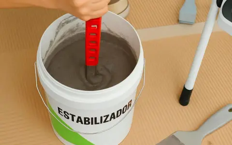 Mezclando estabilizador en un cubo para quitar gotele al temple. Herramientas de bricolaje a mano.