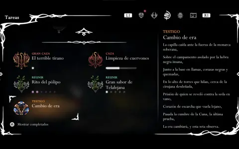 Menú de tareas de Hollow Knight. Se muestra la entrada "TESTIGO: Cambio de era", con un icono de hongo y texto poético.