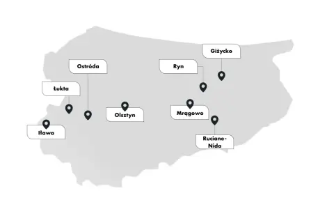 Mapa z zaznaczonymi mazury miasta: Ostróda, Łukta, Iława, Olsztyn, Ryn, Giżycko, Mrągowo, Ruciane-Nida.