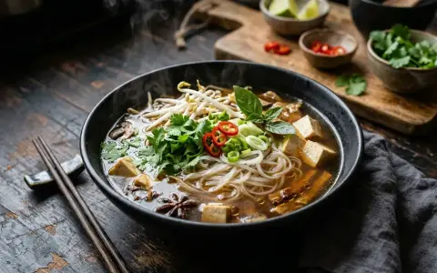 Gorący, aromatyczny makaron pho z tofu, kiełkami fasoli, kolendrą i chili, paruje na drewnianym stole.