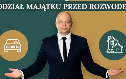 Mężczyzna w garniturze prezentuje podział majątku przed rozwodem: samochód i dom.