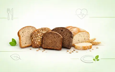 Różnorodne bochenki i kromki chleba, w tym chleb witalny z ziarnami, na jasnym tle z symbolami zdrowia i natury.