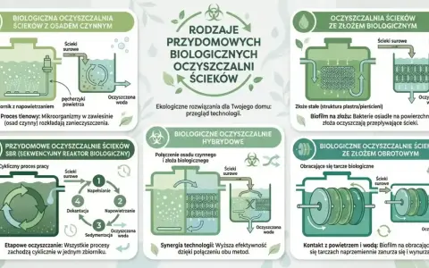 Schemat przedstawia rodzaje przydomowych oczyszczalni ścieków. Jedna z nich to oczyszczalnia ze złożem biologicznym, gdzie bakterie w osadzie czynnym rozkładają zanieczyszczenia.