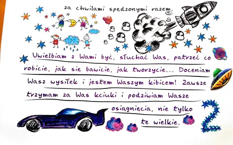 List do dziecka wzór: rysunki dzieci, rakieta, samochód i gwiazdki. Kocham Was!