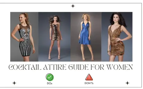 Four women showcase formal cocktail attire: sequined black, tiger-print strapless, blue satin halter, and leopard-print sheath dresses.