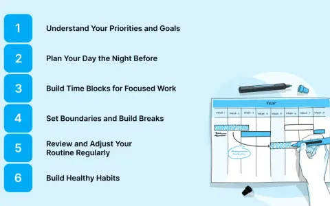 Steps to create structure in your life: prioritize, plan, time block, set boundaries, review, and build habits. A calendar visualizes this process.