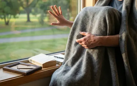 Osoba owinięta kocem trzyma kamień z cyfrą 30, zastanawiając się, ile trwa terapia uzależnień.