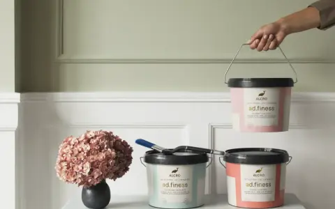 Färgglada burkar med Alcro ad.finess-färg står redo att hjälpa dig att designa rum. En pensel och en vacker hortensia kompletterar scenen.