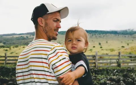 Ein Mann mit Bart und Kappe trägt ein Kind. Die Eigenschaften eines Papas zeigen sich in seiner liebevollen Umarmung.
