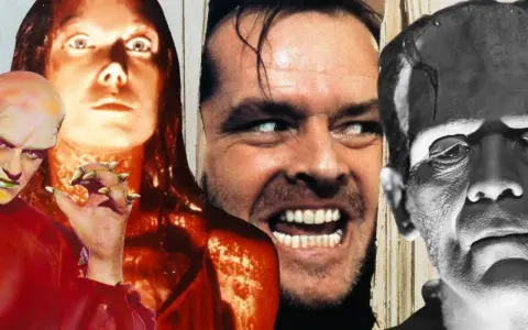 Icone del **film horror ospedale psichiatrico**: Jack Nicholson, Frankenstein e altre figure terrificanti.